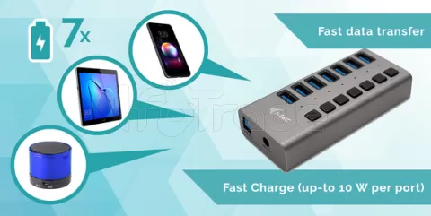 Photo de Hub USB-B alimenté I-Tec Charging 36W - 7 ports USB-A 3.0 (Gris)