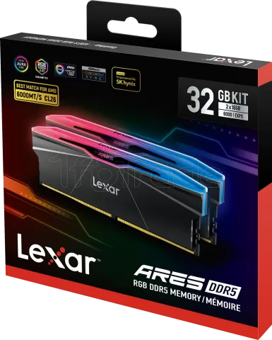 Photo de Kit Barrettes mémoire 32Go (2x16Go) DIMM DDR5 Lexar Ares 2nd Gen RGB 6000MHz CL30 (Noir)