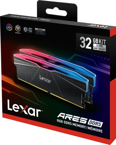 Photo de Kit Barrettes mémoire 32Go (2x16Go) DIMM DDR5 Lexar Ares 2nd Gen RGB 6400MHz C32 (Noir)