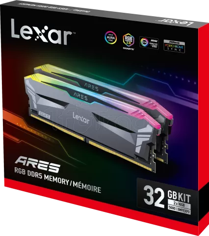 Photo de Kit Barrettes mémoire 32Go (2x16Go) DIMM DDR5 Lexar Ares RGB  5600MHz (Noir)