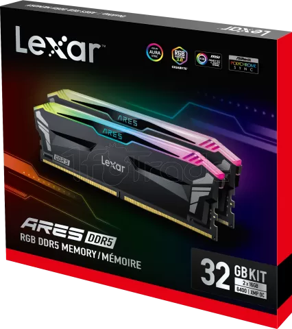 Photo de Kit Barrettes mémoire 32Go (2x16Go) DIMM DDR5 Lexar Ares RGB  6400MHz (Noir)