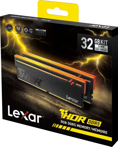 Photo de Kit Barrettes mémoire 32Go (2x16Go) DIMM DDR5 Lexar Thor 2nd Gen RGB 6000MHz CL38 (Noir)