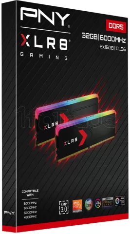 Photo de Kit Barrettes mémoire 32Go (2x16Go) DIMM DDR5 PNY XLR8 Gaming Epic-X RGB 6000MHz CL36 (Noir)
