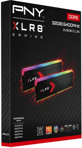 Photo de Kit Barrettes mémoire 32Go (2x16Go) DIMM DDR5 PNY XLR8 Gaming Epic-X RGB 6400MHz (Noir)
