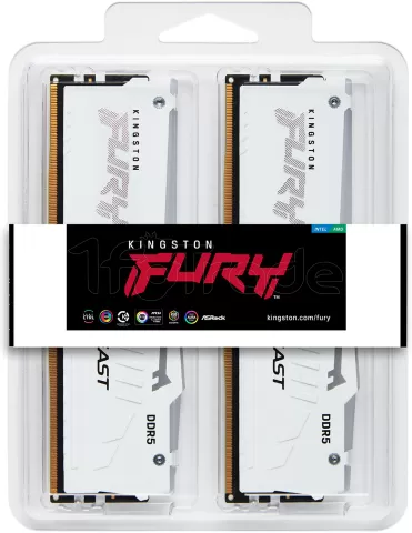 Photo de Kit Barrettes mémoire 64Go (2x32Go) DIMM DDR5 Kingston Fury Beast RGB 5600MHz (Blanc)
