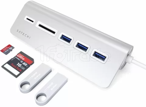 Photo de Lecteur de Cartes externe Satechi Type C + Hub USB 3.0 (Argent)