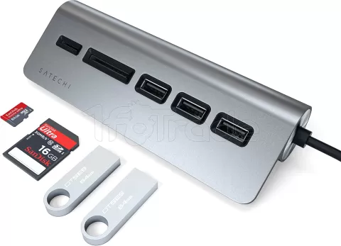 Photo de Lecteur de Cartes externe Satechi Type C + Hub USB 3.0 (Gris)