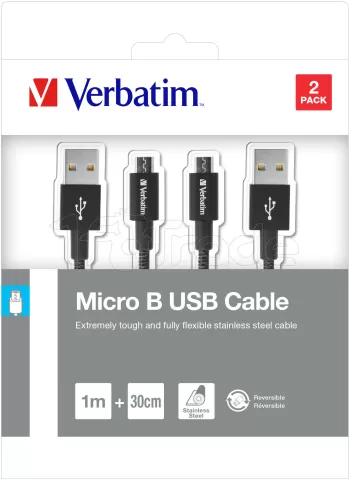 Photo de Lot de 2 Cables USB Verbatim Sync & Charge USB vers Micro USB 1m et 30cm (Noir)