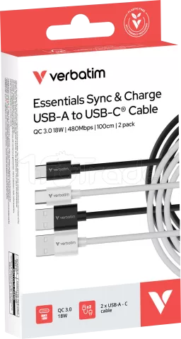 Photo de Lot de 2 cables Verbatim Essentials Sync & Charge USB-A vers USB-C 18W M/M 1m (Noir/Blanc)