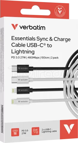 Photo de Lot de 2 cables Verbatim Essentials Sync & Charge USB-C 27W M/M 1m (Noir/Blanc)