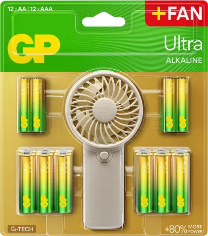 Photo de Lot de 24 piles Alcaline GP Batteries Ultra type AA/AAA + ventilateur à main