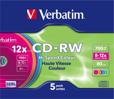 Photo de Lot de 5 CD-RW Verbatim Hi-Speed Colour - 700Mo
