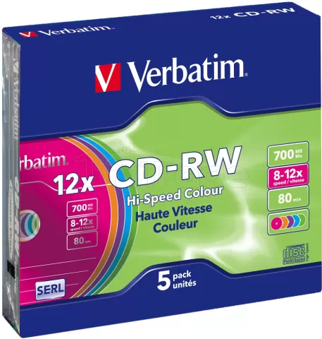 Photo de Lot de 5 CD-RW Verbatim Hi-Speed Colour - 700Mo