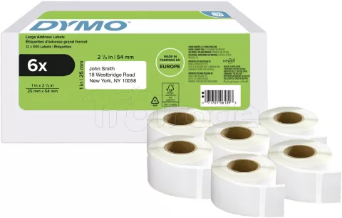 Photo de Lot de 6 Rouleaux de 500 étiquettes adhésives Dymo 2177564 - 25x54mm (Blanc)
