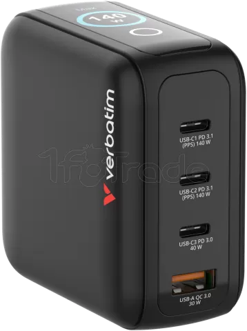 Photo de Mini chargeur secteur GaN Verbatim avec écran x3 USB C + x1 USB A 100W + cable inclus