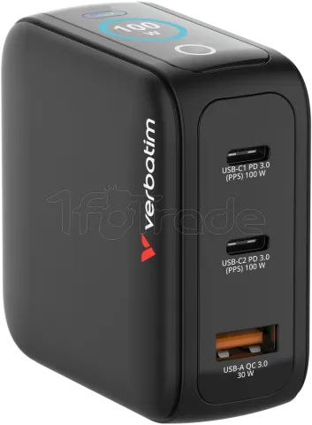 Photo de Mini chargeur secteur Verbatim avec écran x2 USB C + x1 USB A 100w (Noir)