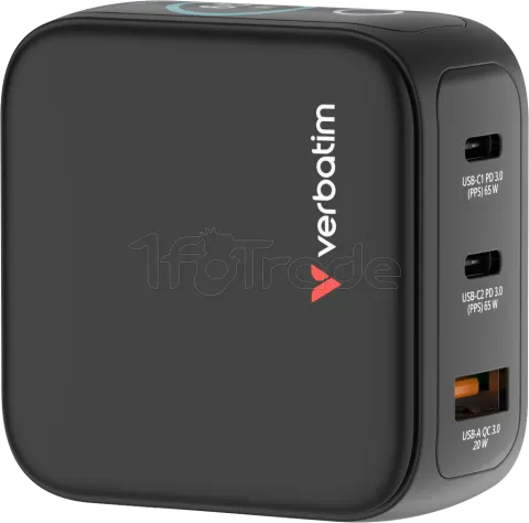 Photo de Mini chargeur secteur Verbatim avec écran x2 USB C + x1 USB A 65w (Noir)