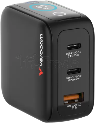 Photo de Mini chargeur secteur Verbatim avec écran x2 USB C + x1 USB A 65w (Noir)
