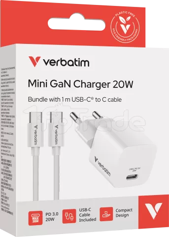 Photo de Mini chargeur secteur Verbatim GaN USB-C avec cable USB-C 20W (Blanc)