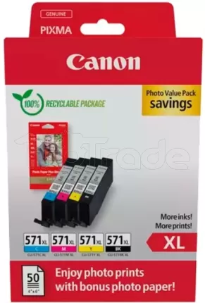 Photo de Pack 4 cartouches d'encre Canon CLI-571XL (Noir + Couleurs) + 50x Papiers photo