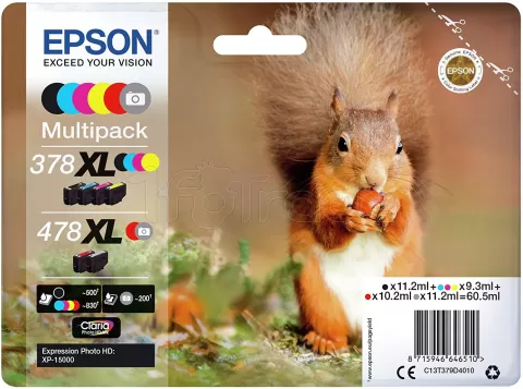 Photo de Pack 6 cartouches d'encre Epson Ecureuil 378XL (Noir + Couleurs) + 478 XL (Rouge/Gris)
