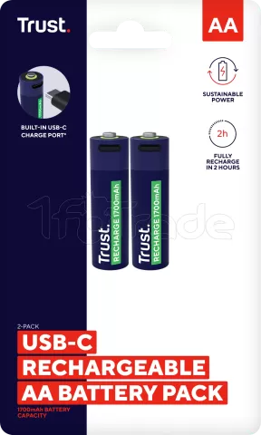 Photo de Pack de 2 piles rechargeables par USB-C Trust type AA - 1700 mAh (R06)