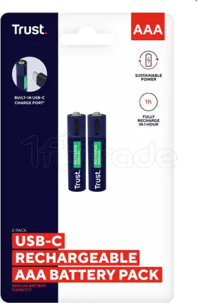 Photo de Pack de 2 piles rechargeables par USB-C Trust type AAA - 500mAh (LR03)
