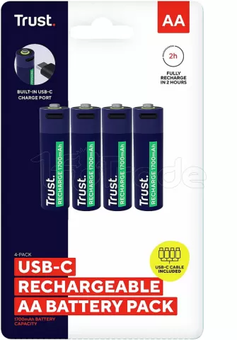 Photo de Pack de 4 piles rechargeables par USB-C Trust type AA - 1700 mAh - Cable recharge inclus (R06)