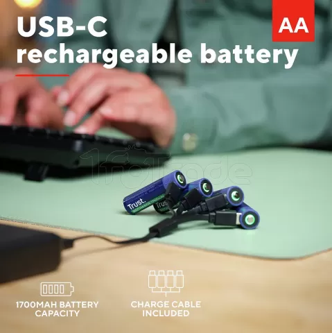 Photo de Pack de 4 piles rechargeables par USB-C Trust type AA - 1700 mAh - Cable recharge inclus (R06)