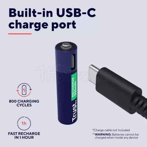 Photo de Pack de 4 piles rechargeables par USB-C Trust type AAA - 500 mAh - Cable recharge inclus (LR03)