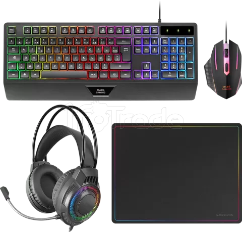 Photo de Pack Gamer 4en1 (Clavier/Souris/Casque/Tapis) Mars Gaming MCP-124 Pro (Noir)