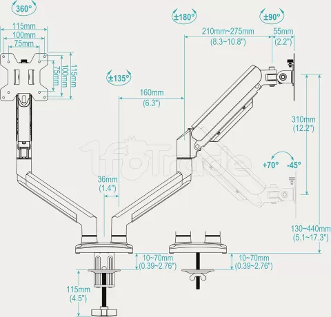 Photo de Support double-écran à fixer Tooq DB1434TNR-B 13"-34" (10kg max) (Noir)