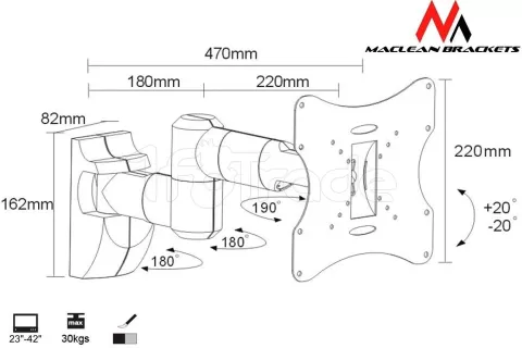 Photo de Support écran Mural Maclean MC-503 de 23" à 42" (30Kg max) (Argent)