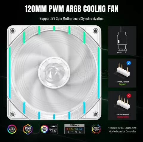 Photo de Ventilateur de boitier Gamemax Tornado T12 Argb - 12cm (Blanc)