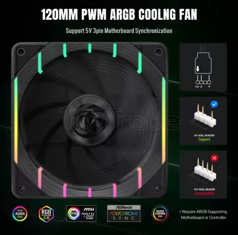 Photo de Ventilateur de boitier Gamemax Tornado T12 RGB - 12cm (Noir)
